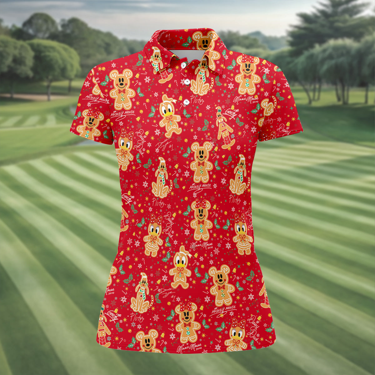 Cute Gingerbread Classic Cartoon Characters Christmas Golf Shirt, Women's Golf Tops, Ladies Golf Gift Ideas