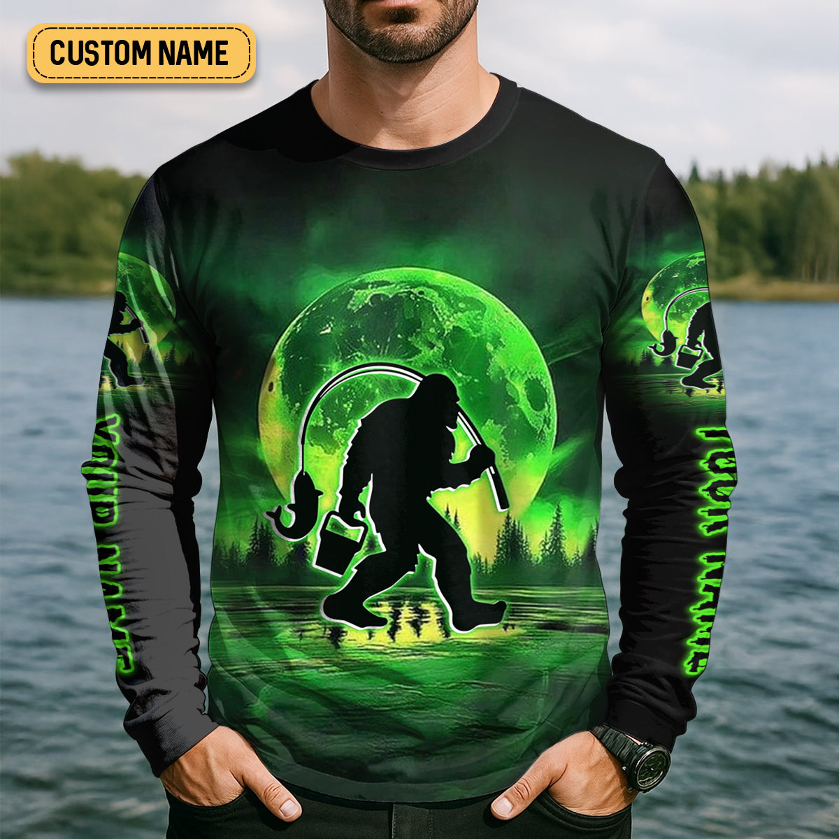 Gone Fishing With Sasquatch Neon Green Color Funny Fishing Shirt, SPF Shirt For Men, Presents For Fishermen