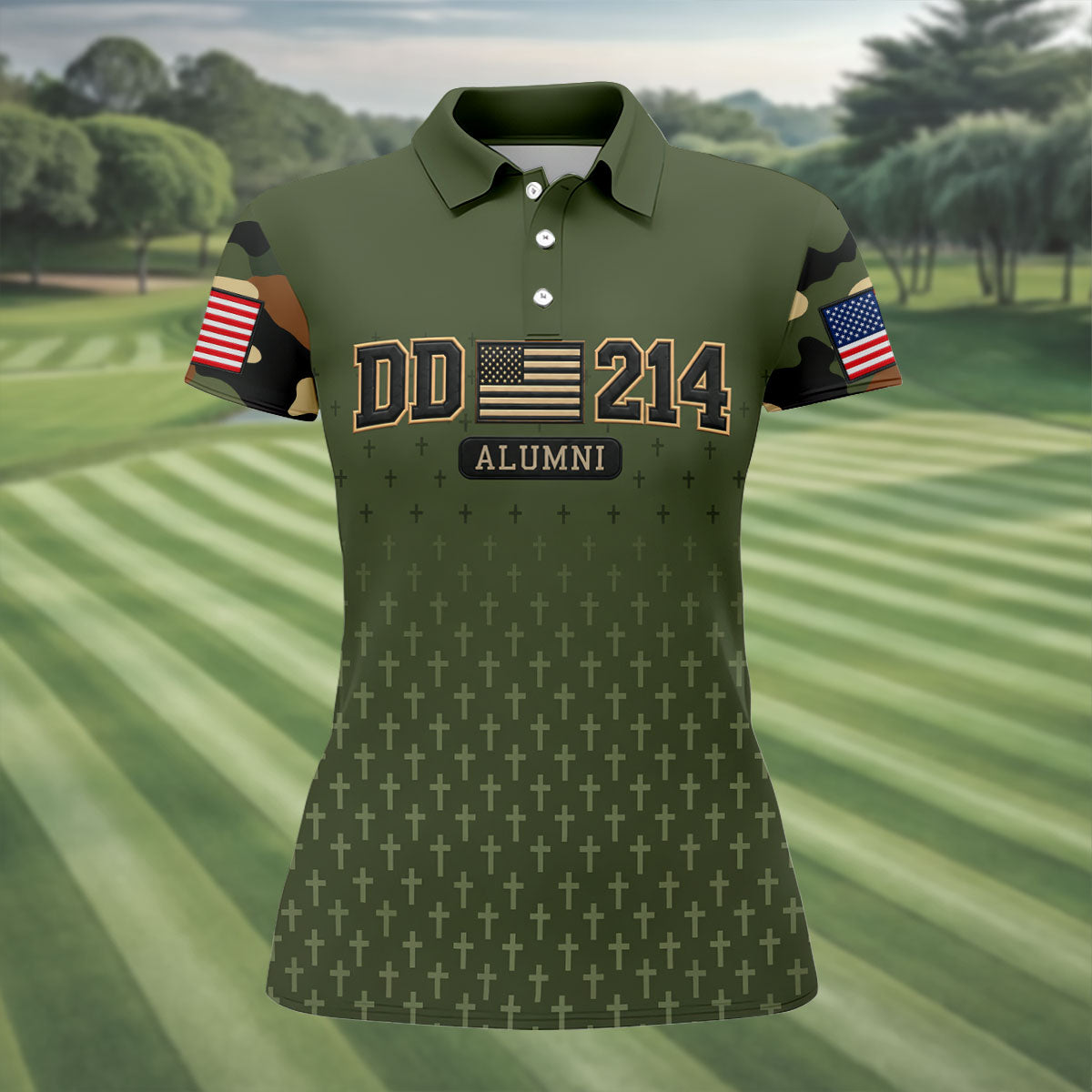 DD-214 Alumni Flag Cross Camo Polo Shirt, Veterans Day Shirt, Golf Tops For Women