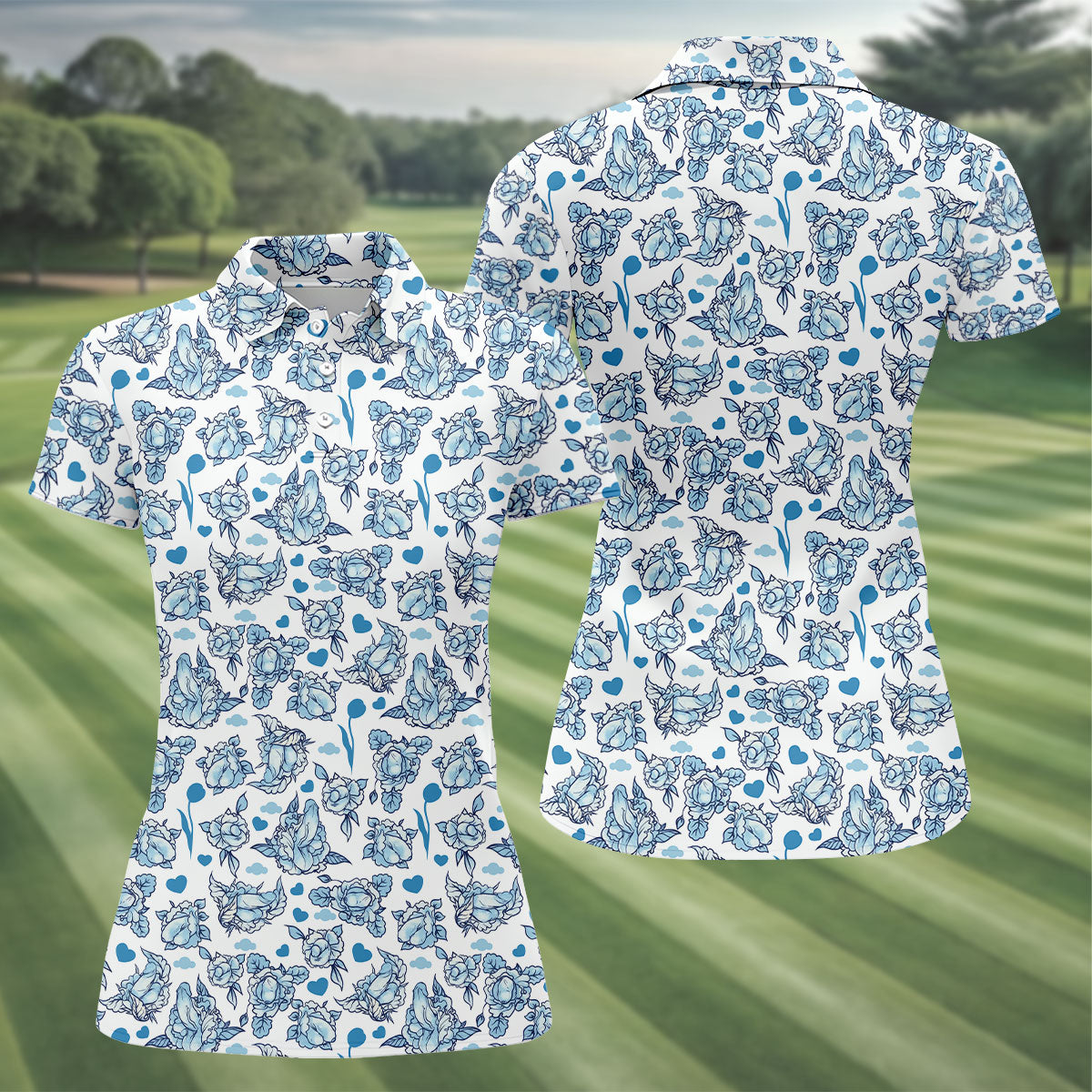 Blue Rose Floral Heart Pattern Golf Shirt, Women's Golf Tops, Golf Polo For Women