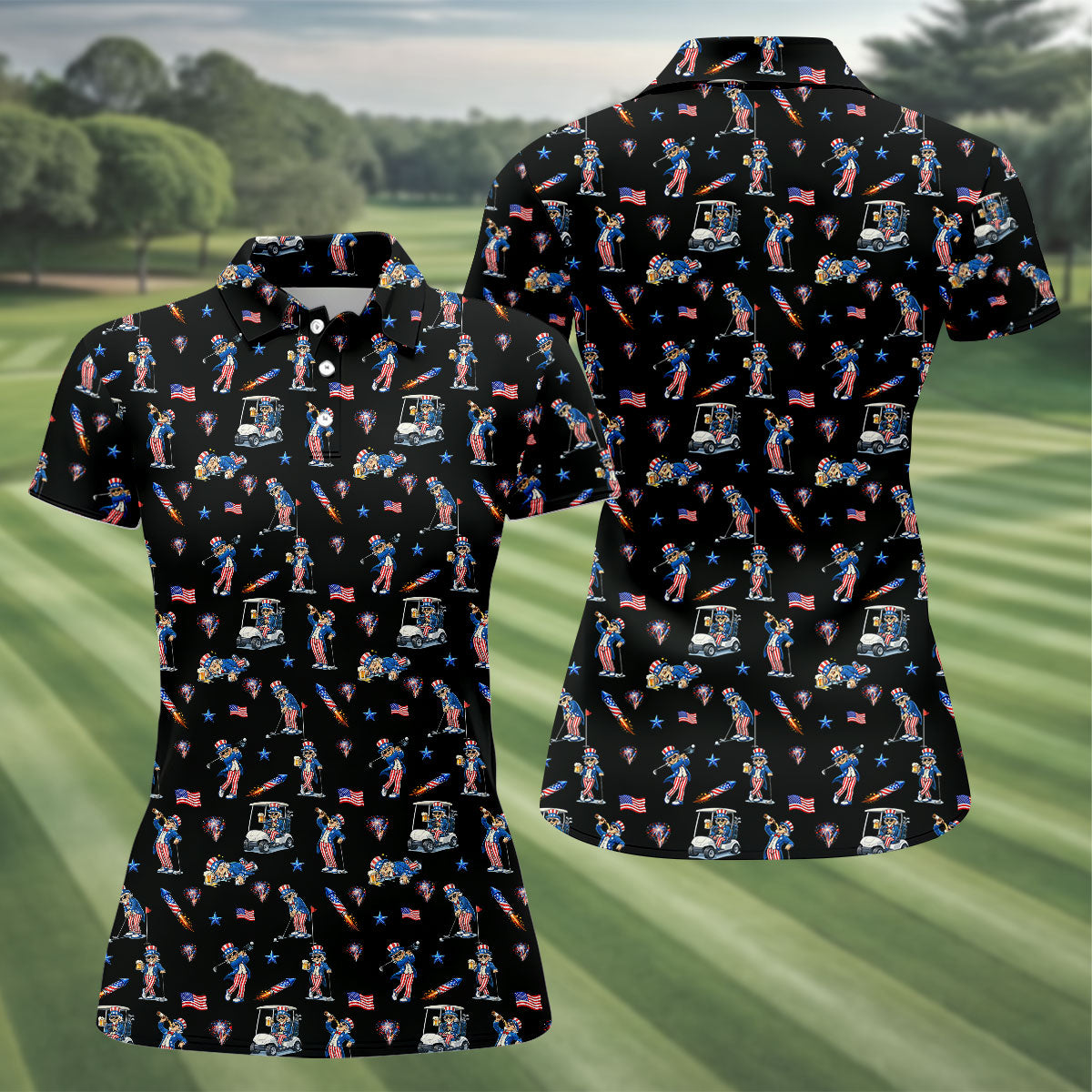 Patriotic Man Golf And Beer Funny 4th Of July Black Golf Shirt, 250 Years Seamless Pattern Women's Golf Tops