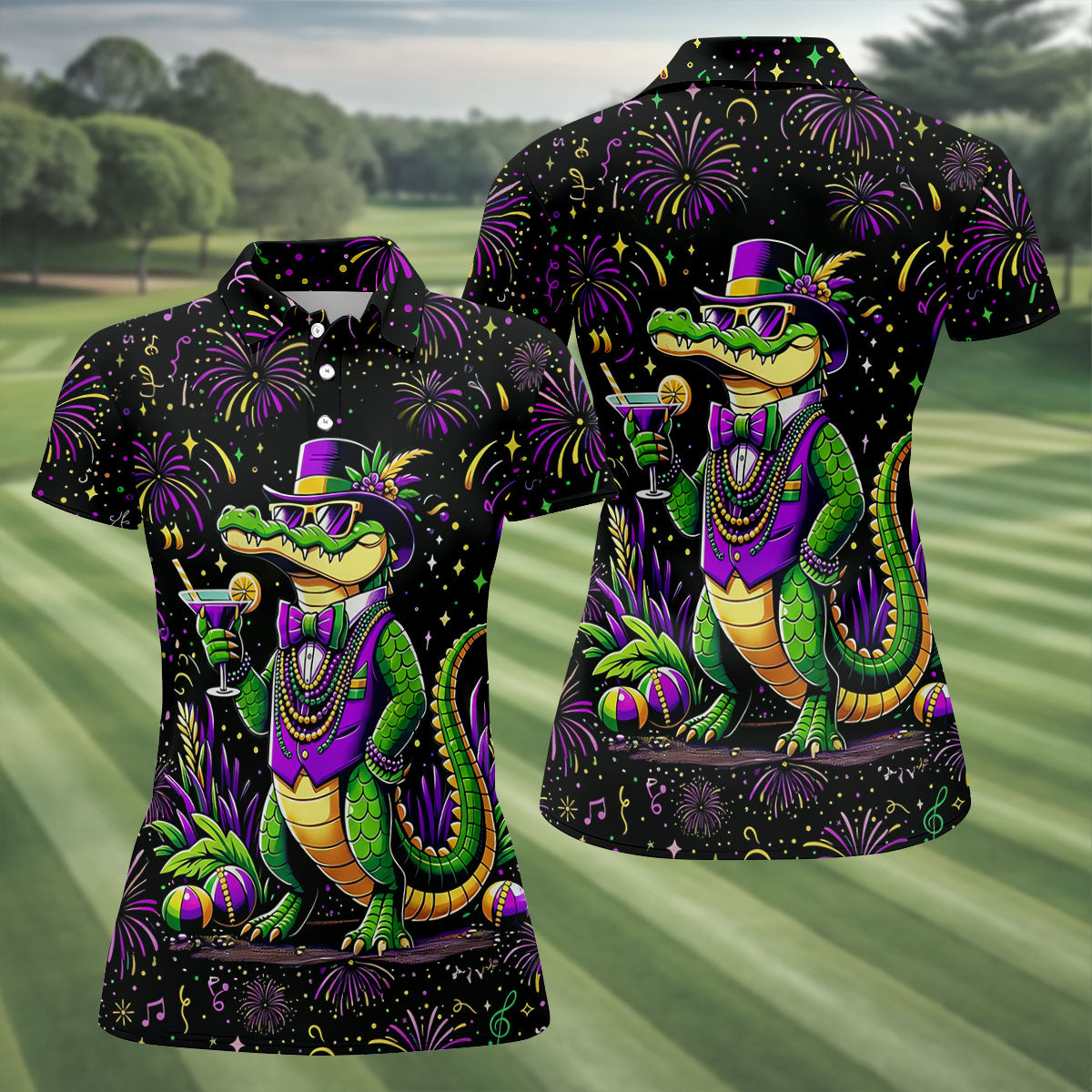 Mardi Gras Aligator Purple Green Gold Confetti Star Women's Golf Shirts, Women's Golf Tops, Ladies Golf Shirts