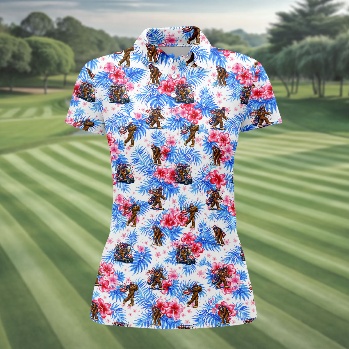 Funny Bigfoot Golf Pose 4th Of July Tropical Vibe Women Golf Top, 250th Anniversary Patriotic Golf Shirt