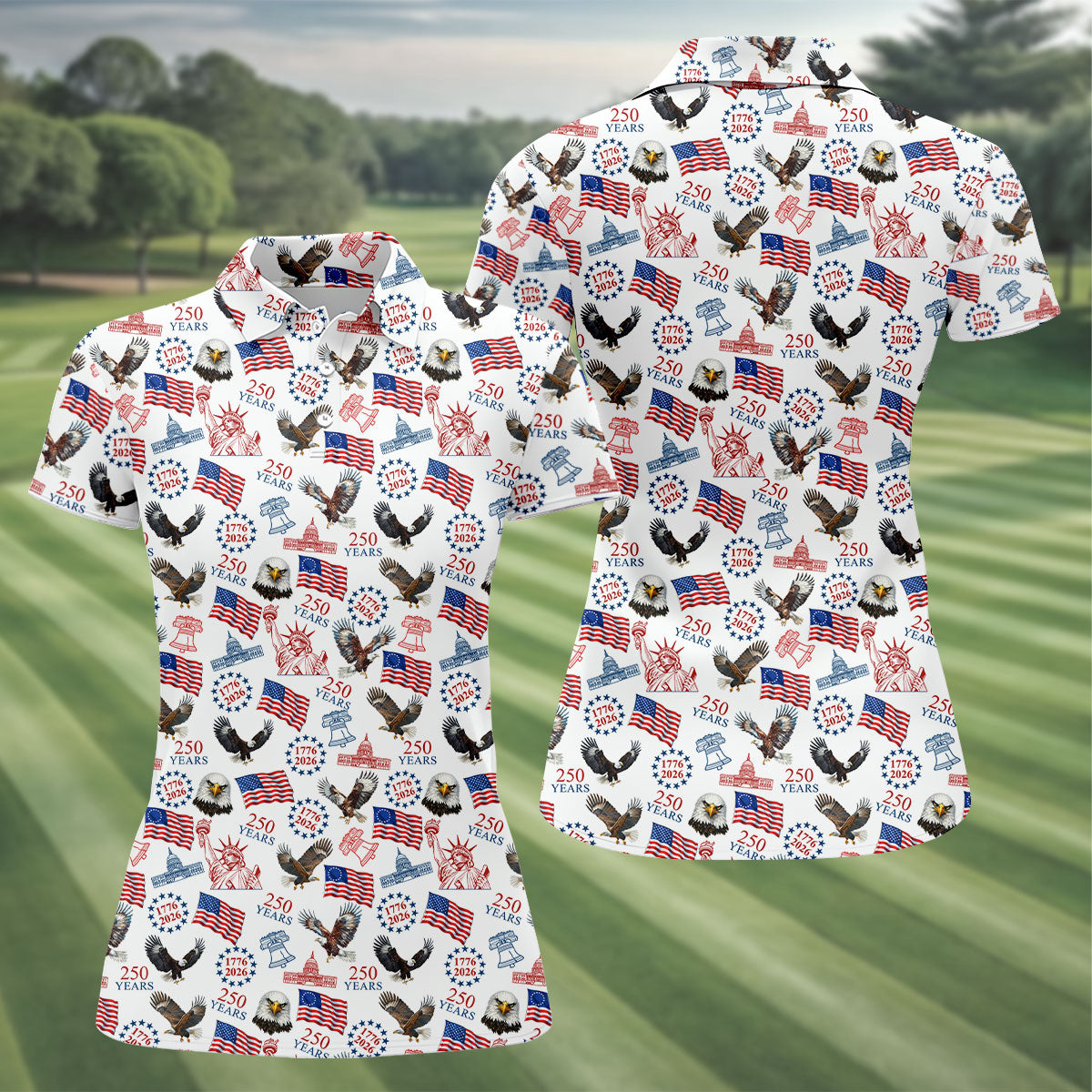 250 Years American Symbol Patriotic Pattern White Golf Shirt, 4th Of July Golf Shirt, Golf Shirt For Women