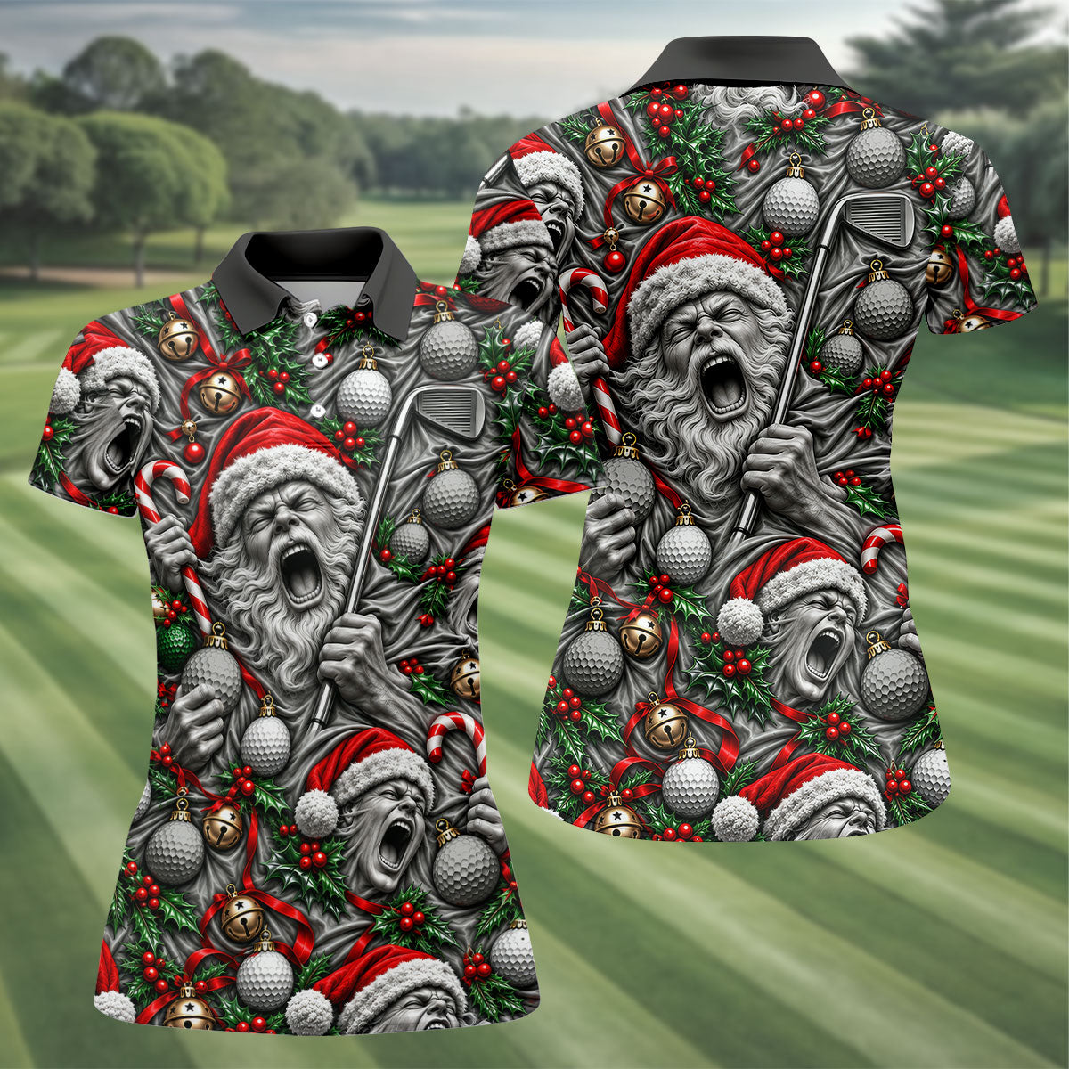 Screaming Santa Faces Christmas Golf Shirt, Ladies Golf Shirts, Golf Tops For Women