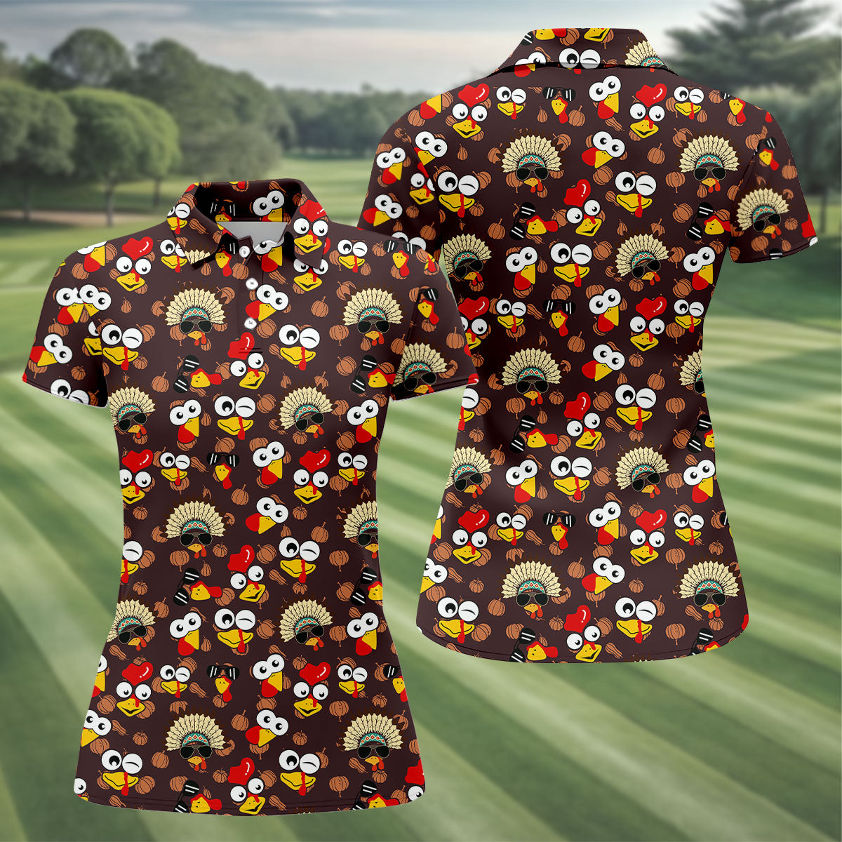Thanksgiving Polo Golf Shirt For Women, Pumpkin Turkey Fun Women's Golf Shirts, Thanksgiving Golf Gift For Ladies