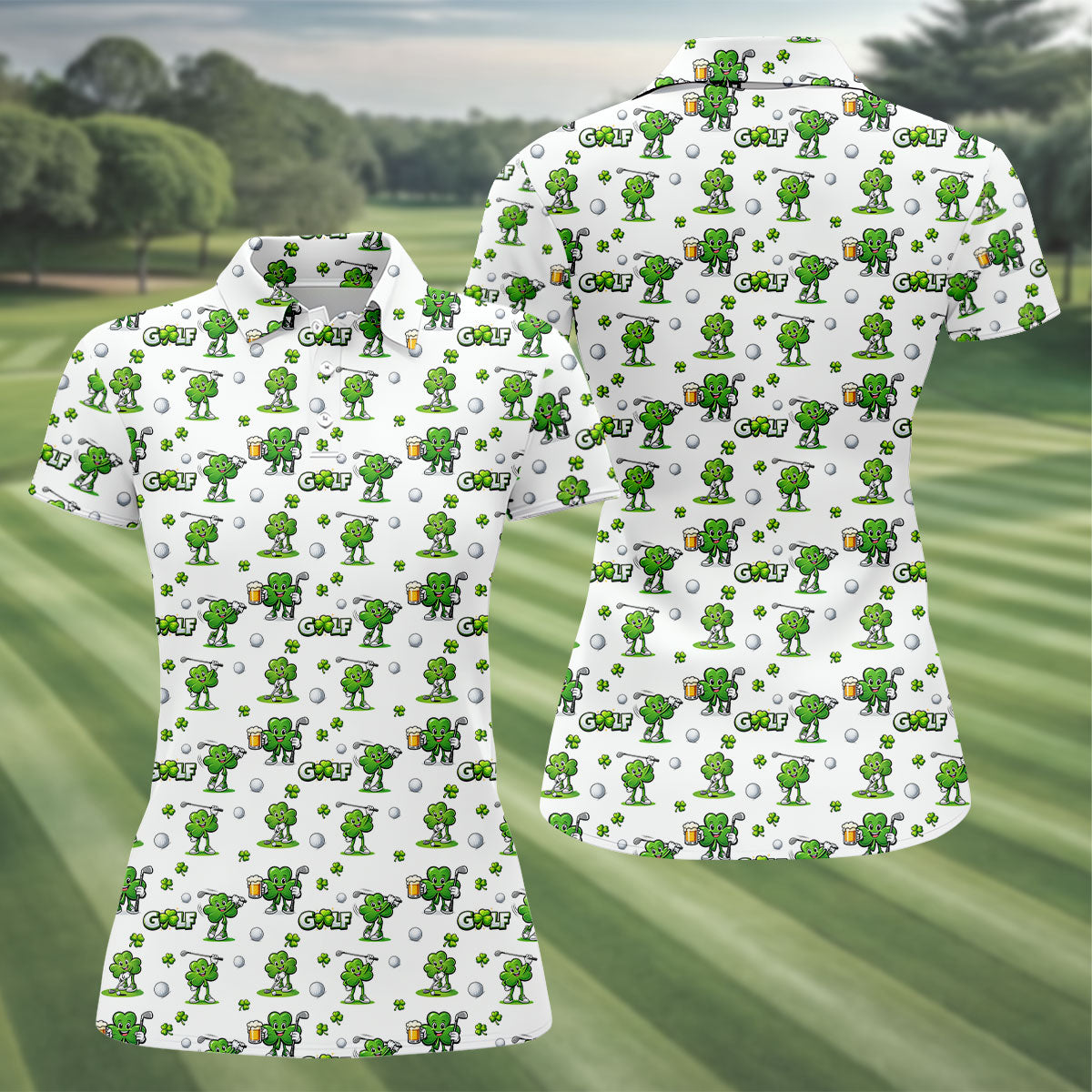 Three Leaf Clover Golf And Beer St Patrick's Day White Golf Shirt, Women's Golf Shirts, Ladies Golf Polos