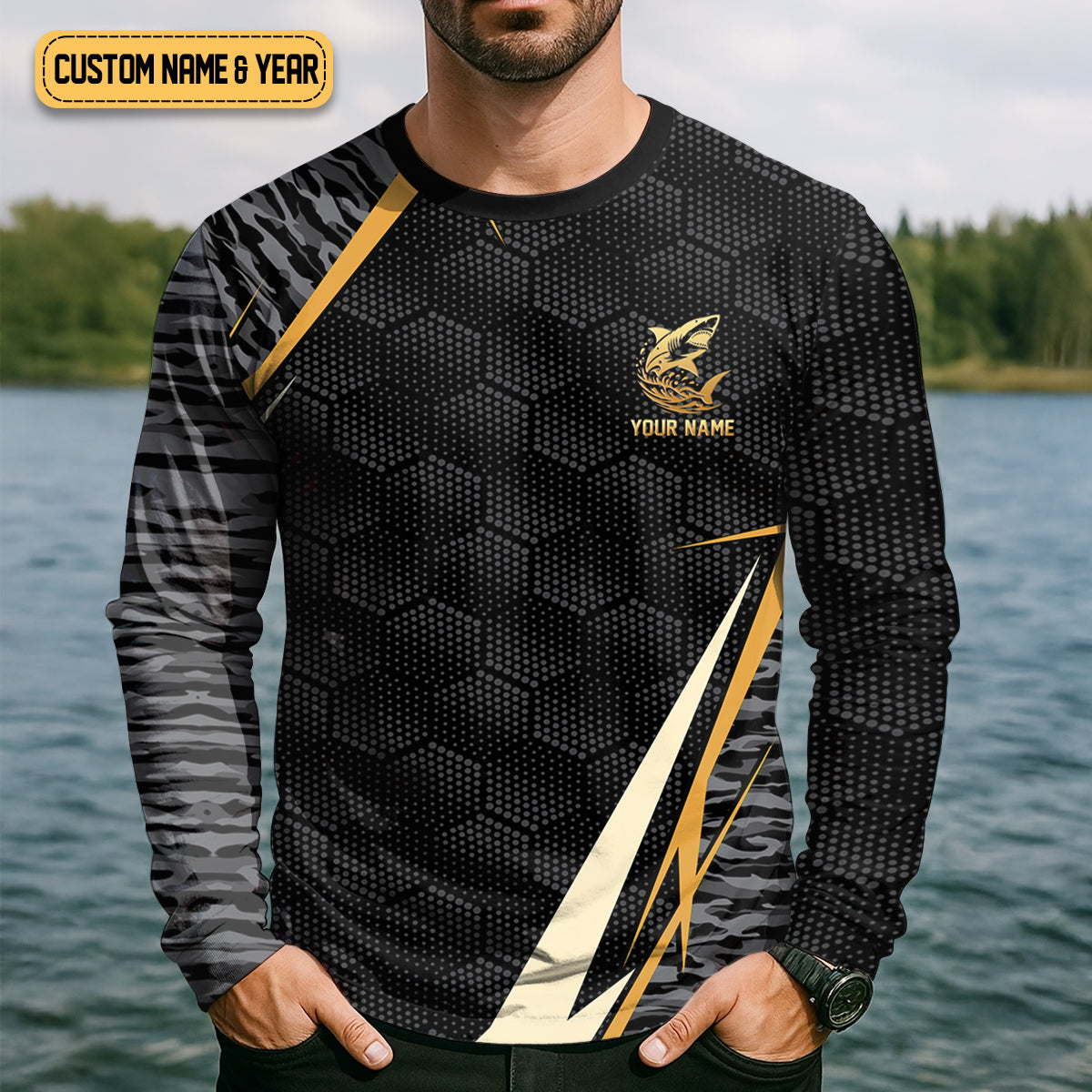 Shark Week Hexagon Pattern Black Fishing Shirt, SPF Shirt For Men, Men's Fishing Shirt