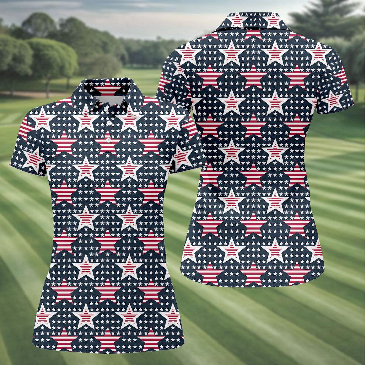 Red And White Stripe Stars Seamless Pattern 250th Anniversary Golf Shirt For Women, Patriotic Golf Shirt
