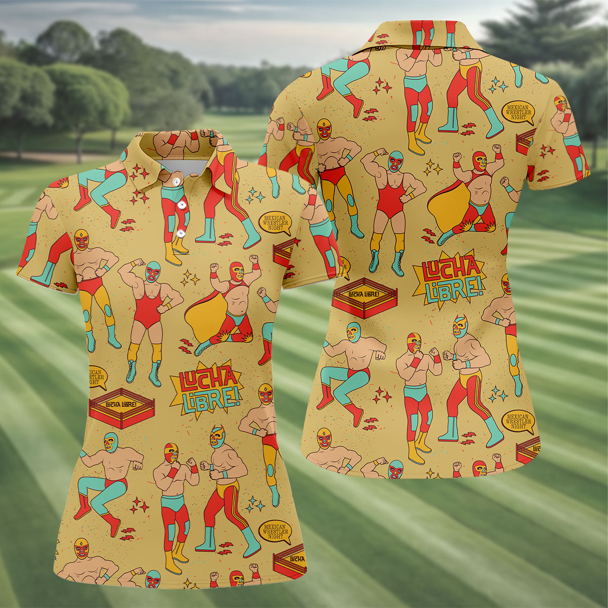 Yellow Lucha Libre Mexican Wrestler Pattern Golf Shirt, Hawaiian Golf Shirt, Ladies Golf Tops