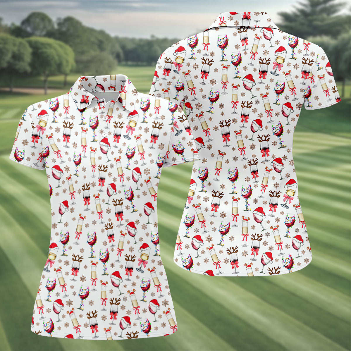 Festive Christmas Wine Glasses Golf Polo Shirt, Women’s Golf Polo, Golf Tops For Women