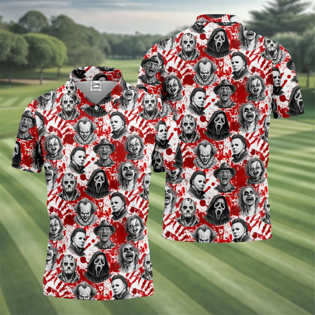 Halloween Horror Character Blood Splatter Polo Shirt, Mens Golf Polo, Golf Apparel For Men