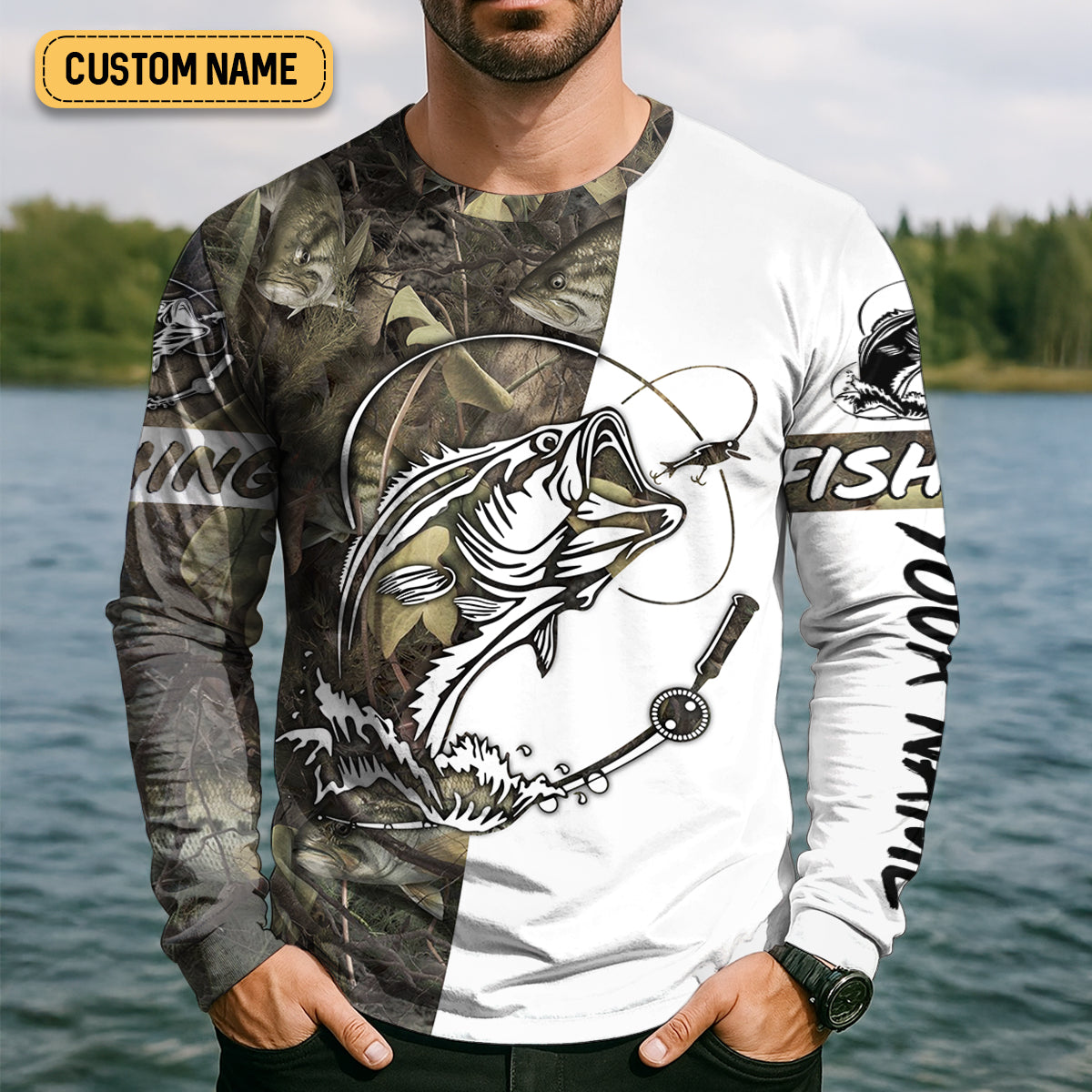 Camo White Fishing UPF Shirts, Camouflage Fishing Shirts, Fishing Gifts For Men, Men's Fishing Shirt