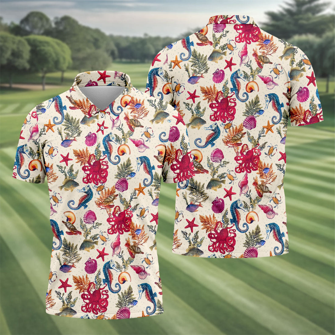 Marine Life Coral Reef Pattern Design Hawaiian Golf Shirt, Golf Shirts For Men, Polo Shirts For Men