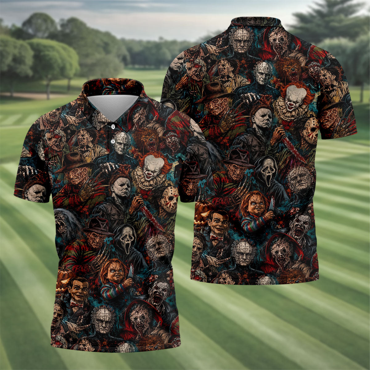 Dark Horror Character Collage Halloween Polo Shirt, Golf Apparel For Men, Mens Polo Shirts