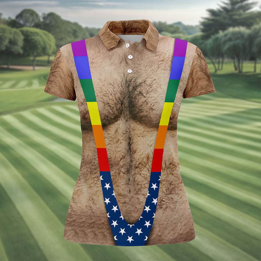 Funny Hairy Chest Rainbow Suspenders Golf Polo, Golf Shirts For Women, Women's Golf Apparel
