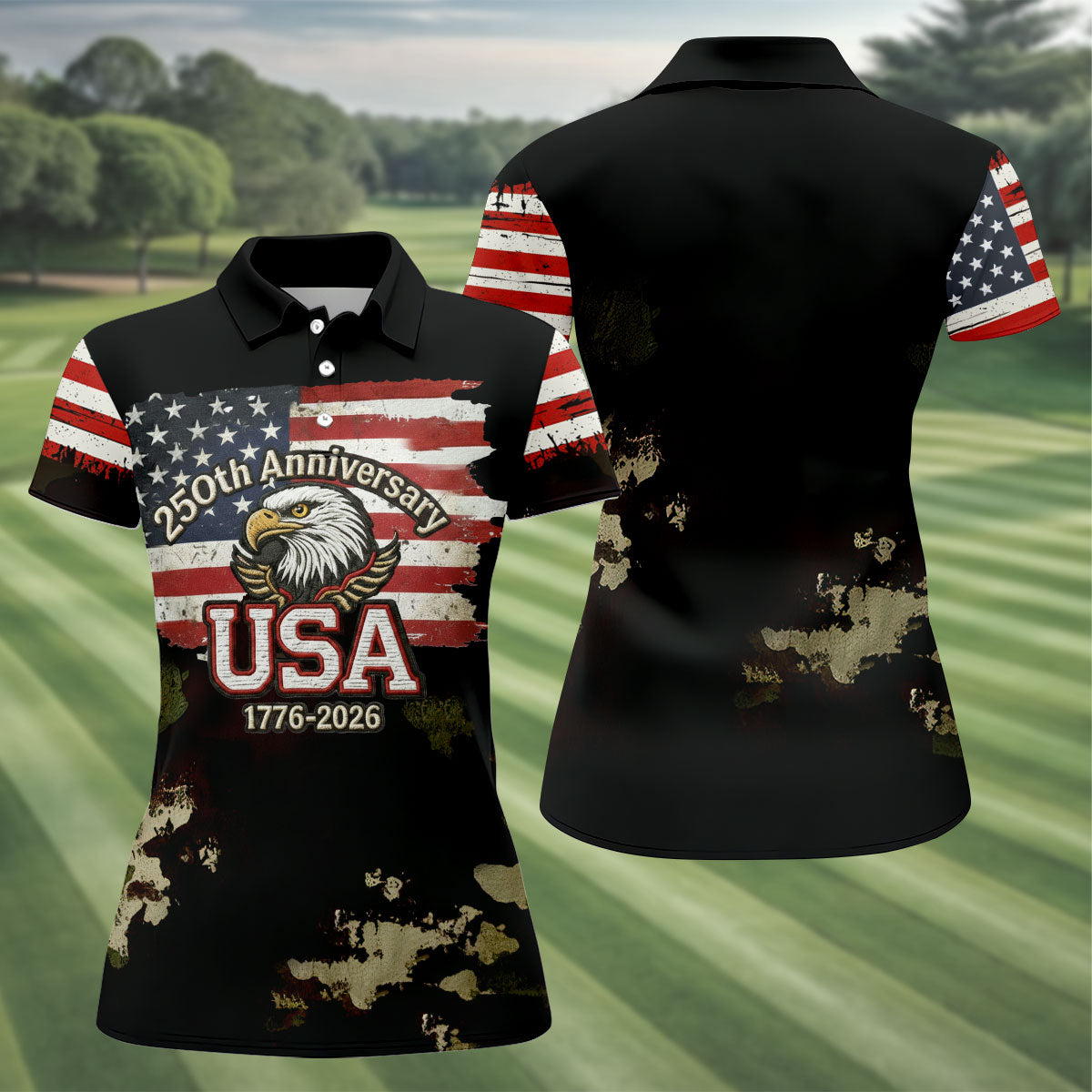 250th Anniversary USA 1776-2026 Distressed Flag Golf Shirt For Women, Patriotic 4th Of July Golf Shirt