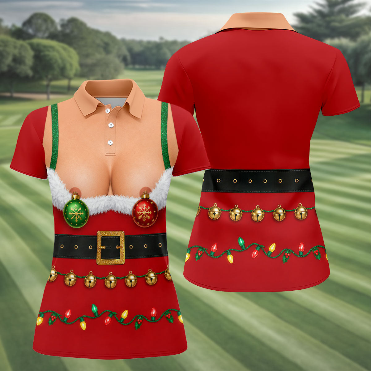 Funny Christmas Ornament Bra Golf Polo Shirt, Christmas Golf Shirt, Ladies Golf Shirts