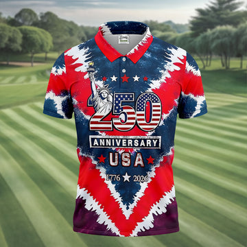 250th Anniversary Red White Blue Tie Dye Print Patriotic Golf Shirt, 4th Of July Golf Shirts For Men