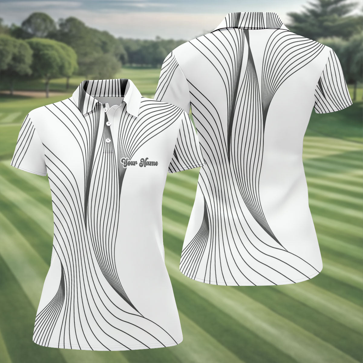 Geometric Line Wavy Line Black And White Custom Name Women's Golf Tops, Ladies Golf Shirts, Women's Polo Shirt
