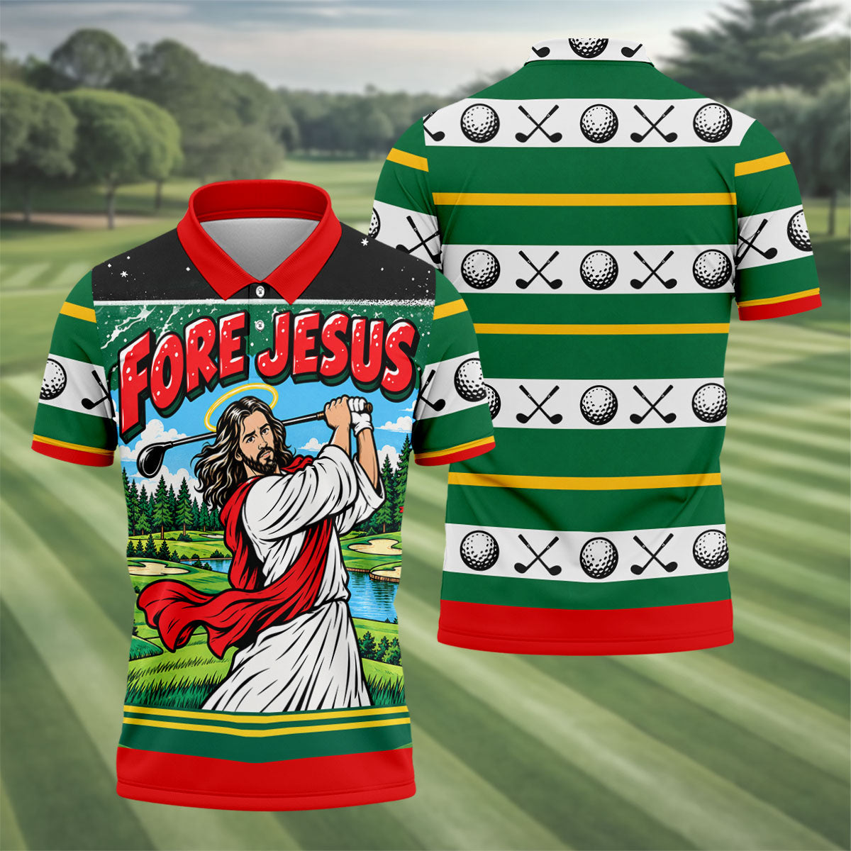 Fore Jesus Golf Swing Christmas Golf Shirt, Mens Golf Apparel, Mens Golf Clothing