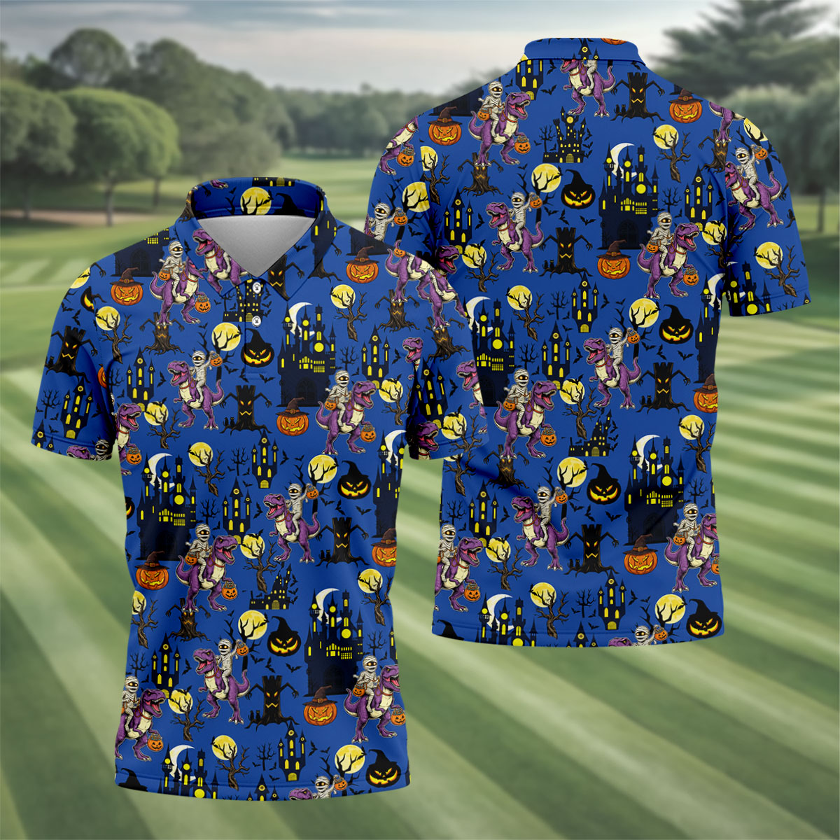 Dinosaur Mummy Pumpkin Halloween Polo Shirt, Mens Golf Shirts, Golf Polo Shirts For Men