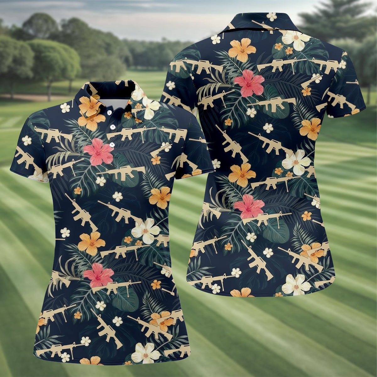 Colorful Hibiscus Tree With Army Theme Women Golf Top, Ladies Golf Shirts, Golfing Apparel