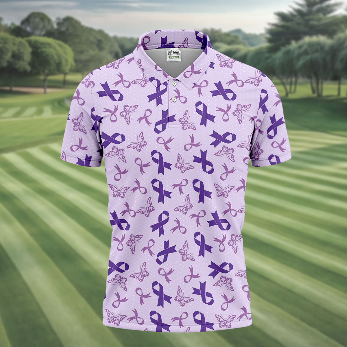 Breast Cancer Purple Ribbon Butterfly Polo Shirt, Mens Golf Polo, Breast Cancer Shirt