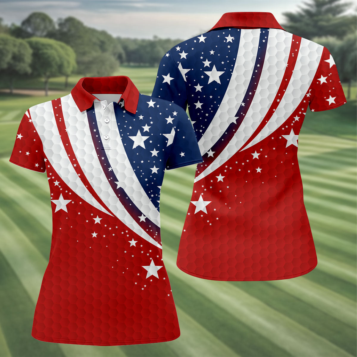 Stars And Stripes Golf Ball Pattern Patriotic 4th Of July Golf Shirt, 250 Celebration Golf Shirt For Women
