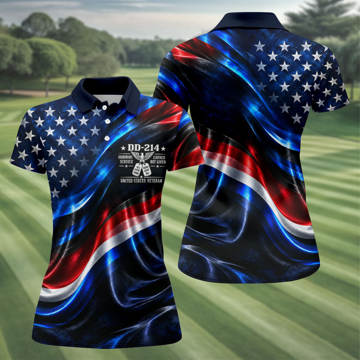 DD-214 Metallic USA Flag Golf Polo Shirt, Veterans Day Shirt, Golf Tops For Women