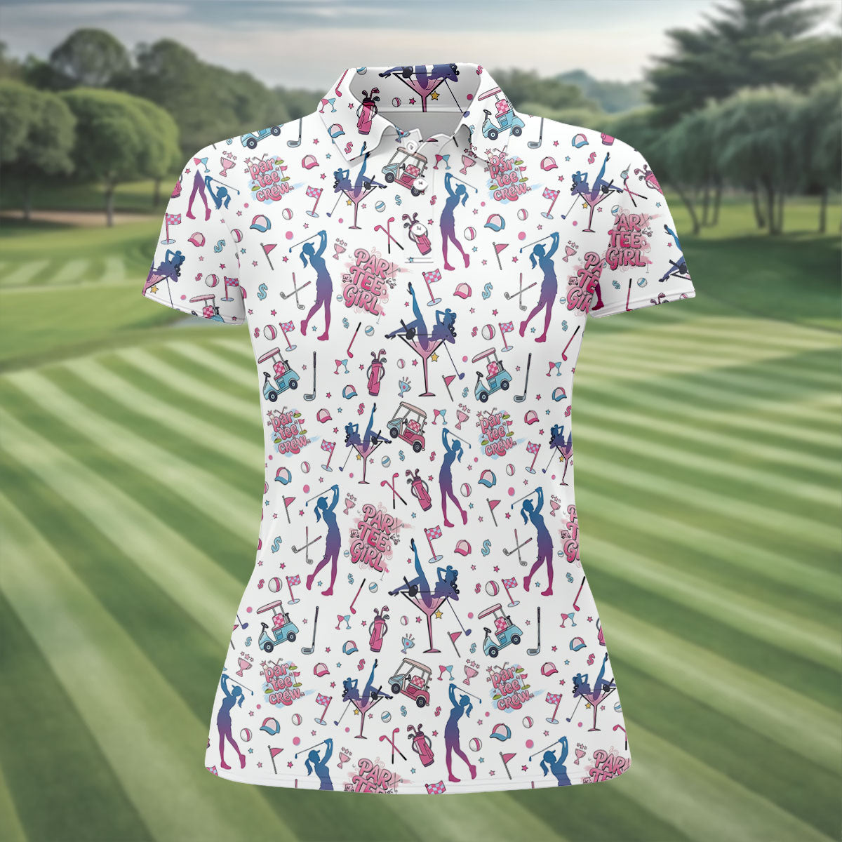 Funny Par Tee Girl Golfer Pattern Golf Polo Shirt, Ladies Golf Shirts, Golf Tops For Women