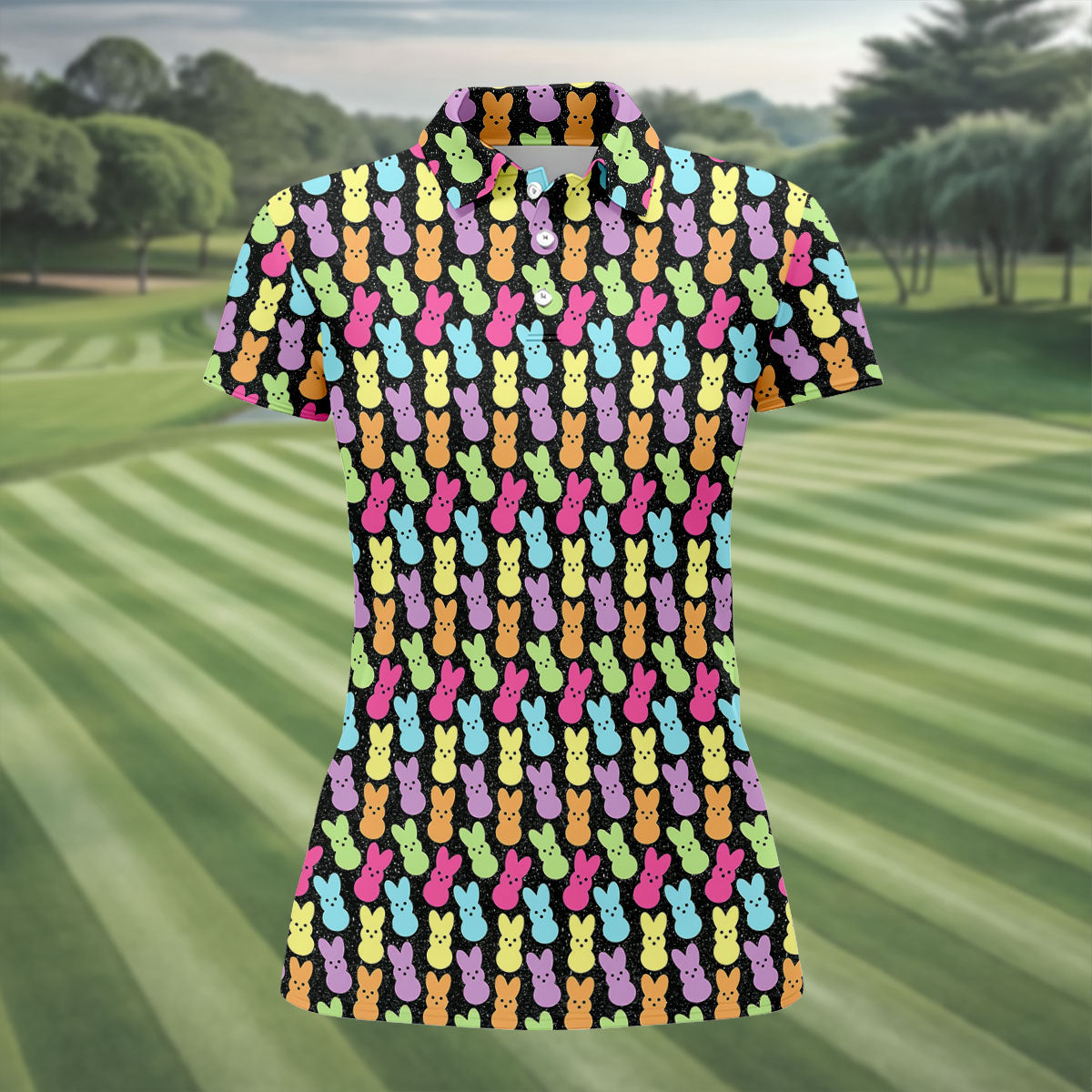 Colorful Easter Peeps Black Golf Shirt, Women Golf Top, Cute Golf Outfit, Ladies Golf Shirts