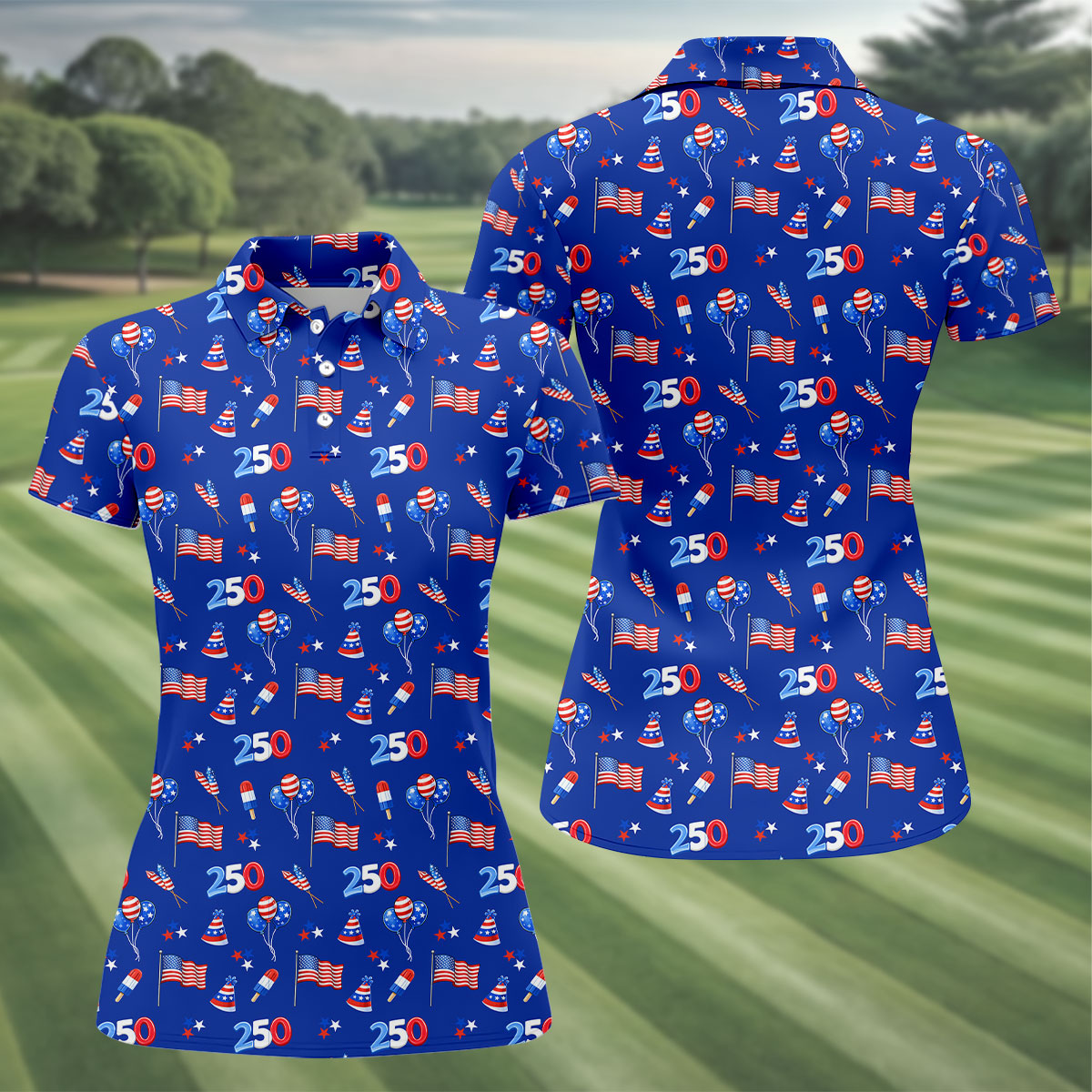 American Flags Balloon Hats Seamless Pattern 250th Anniversary Golf Shirt For Women, Patriotic Golf Shirt