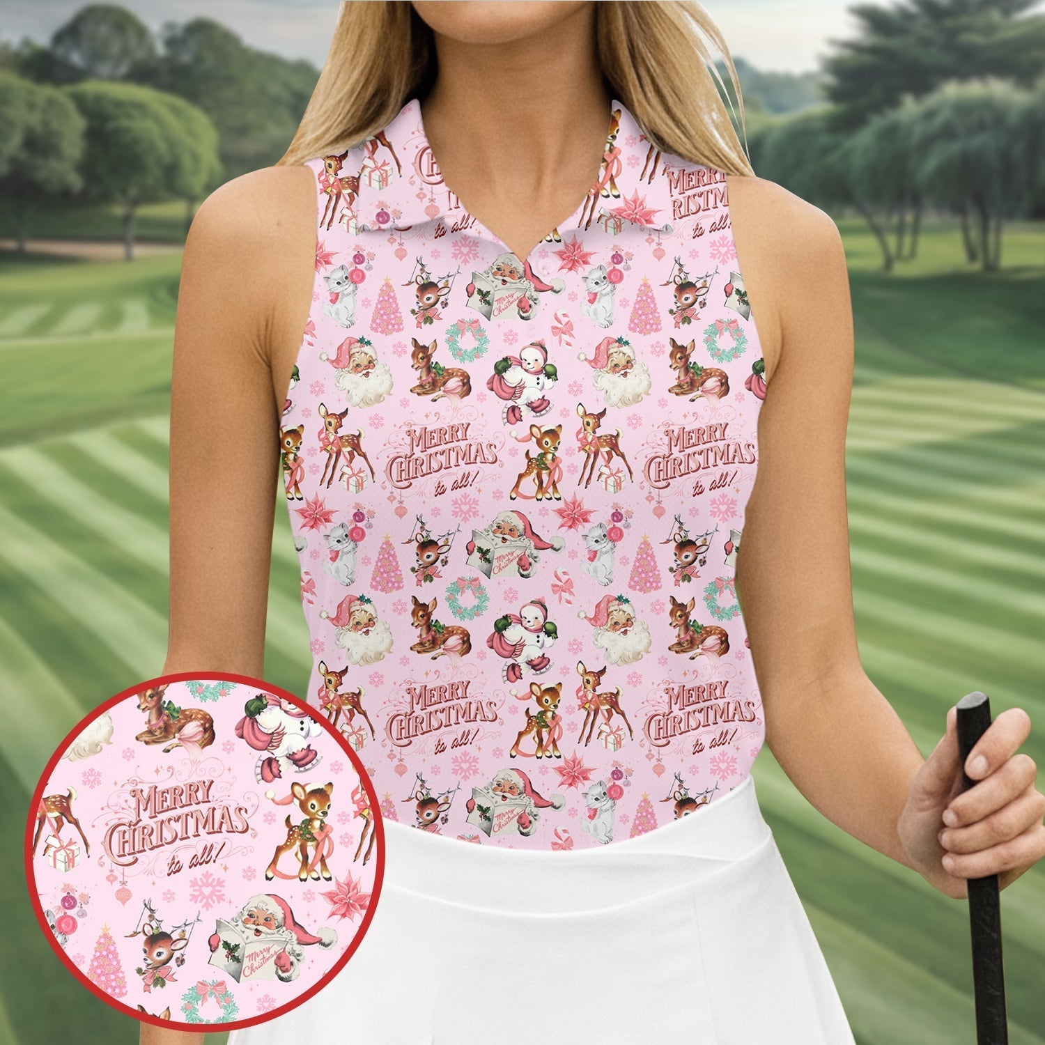 Santa Pink Christmas Golf Tops For Women, Christmas Golf Shirt, Women Golf Apparel