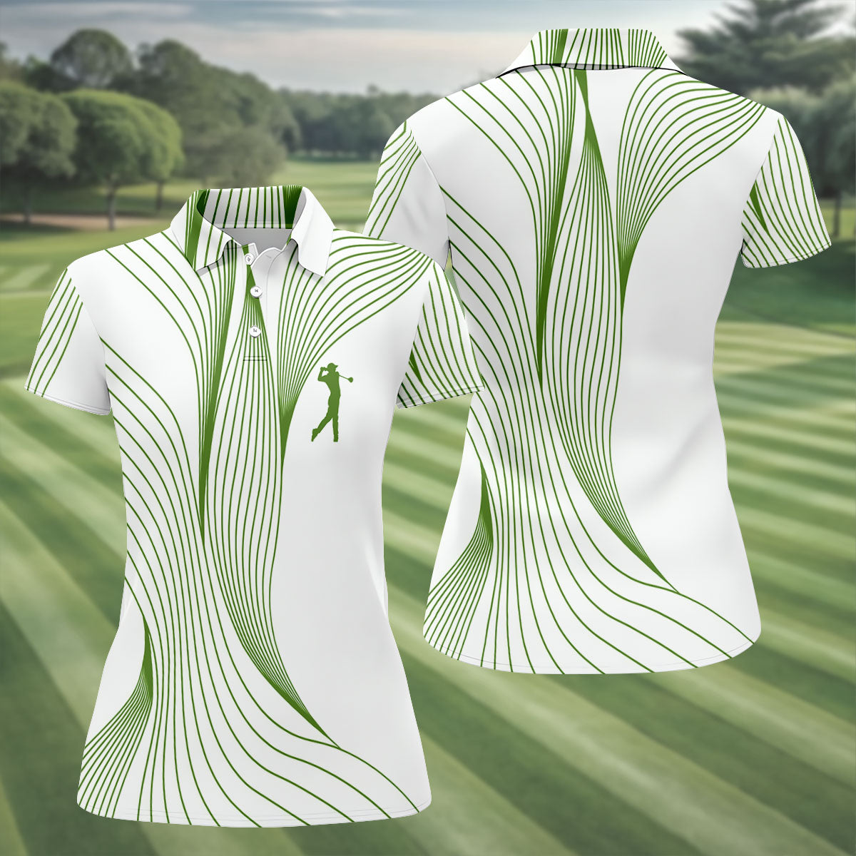 Geometric Line Wavy Line Green And White Women's Golf Tops, Ladies Golf Shirts, Women's Polo Shirt