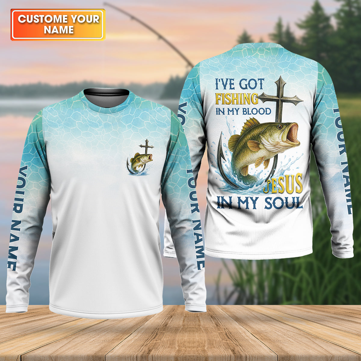 I've Got Fishing In My Blood Jesus In My Soul Faith Cross Christian Fishing UPF Shirts, Fishing Shirts For Men