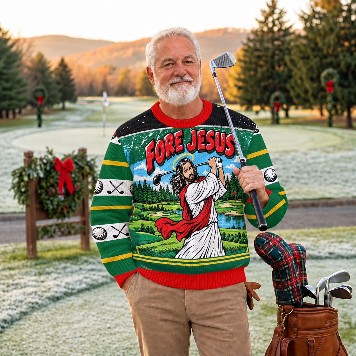 Fore Jesus Golf Swing Ugly Christmas Sweater, Funny Xmas Gift, Christmas Party Outfit