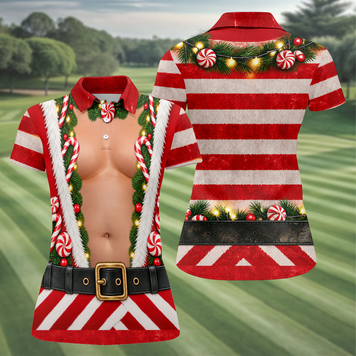 Christmas Candy Cane Santa Suit Polo Shirt, Ladies Golf Top, Women’s Golf Apparel