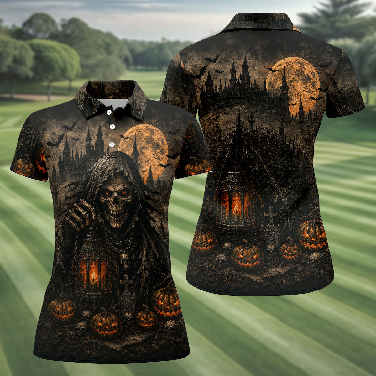 Grim Reaper Lantern Halloween Horror Character Polo Shirt, Women's Golf Tops, Womens Golf Tops