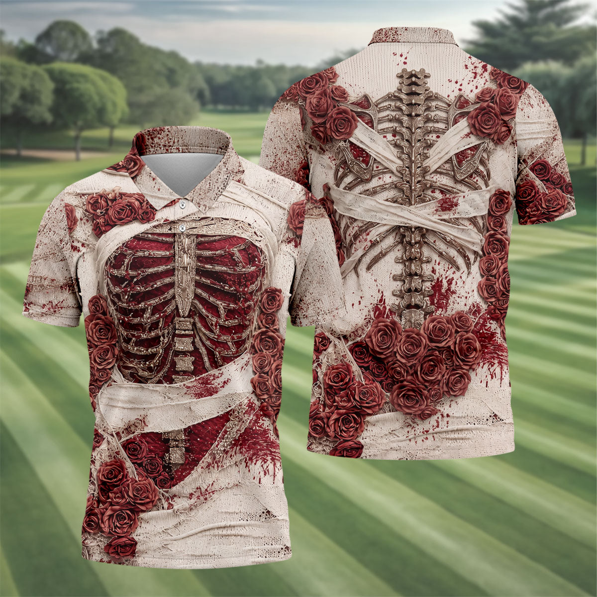 Bloody Skeleton Rose Halloween Polo Shirt, Polo Shirts For Men, Mens Golf Apparel
