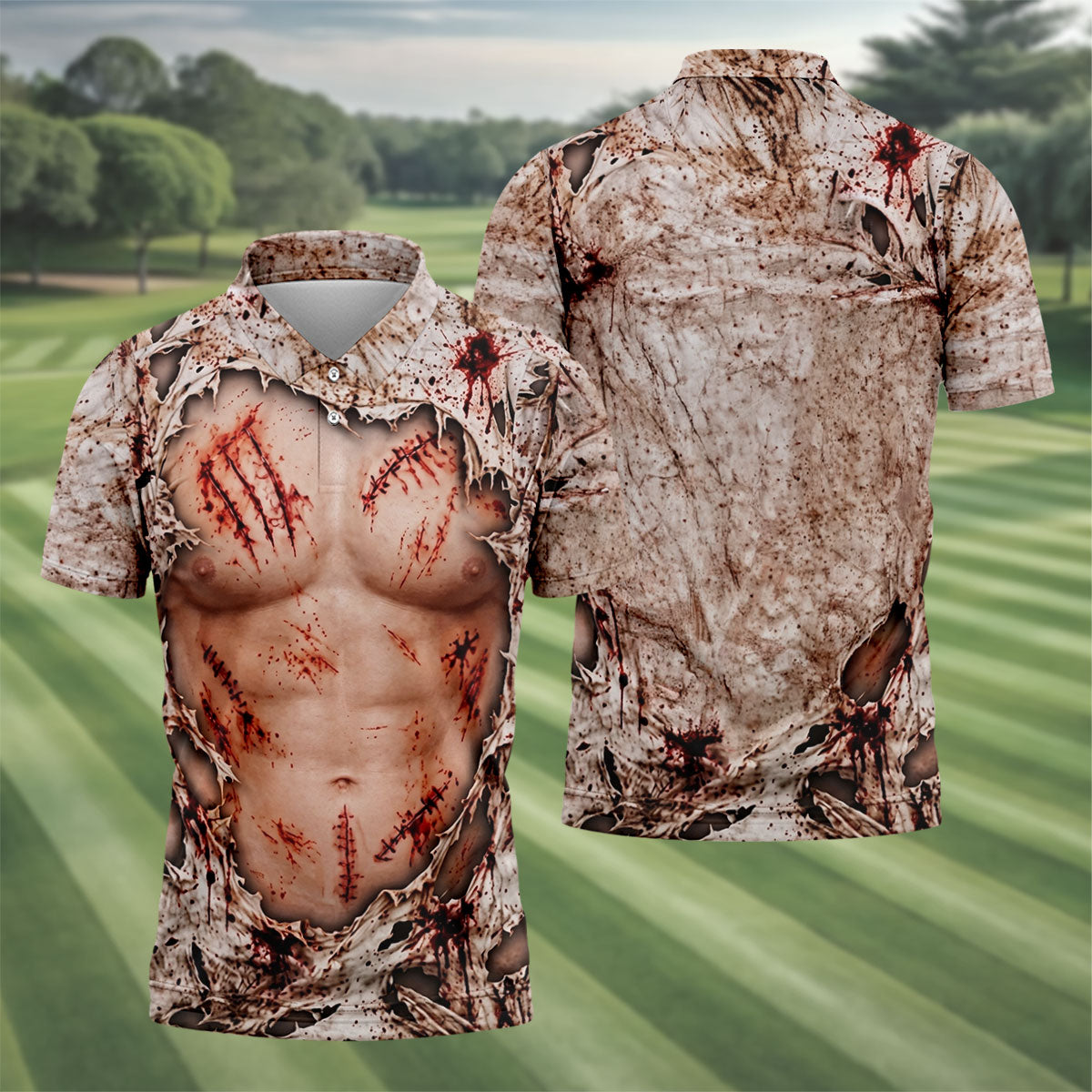 Bloody Stitched Torso Halloween Costume Polo Shirt, Mens Golf Shirts, Halloween Golf Shirt