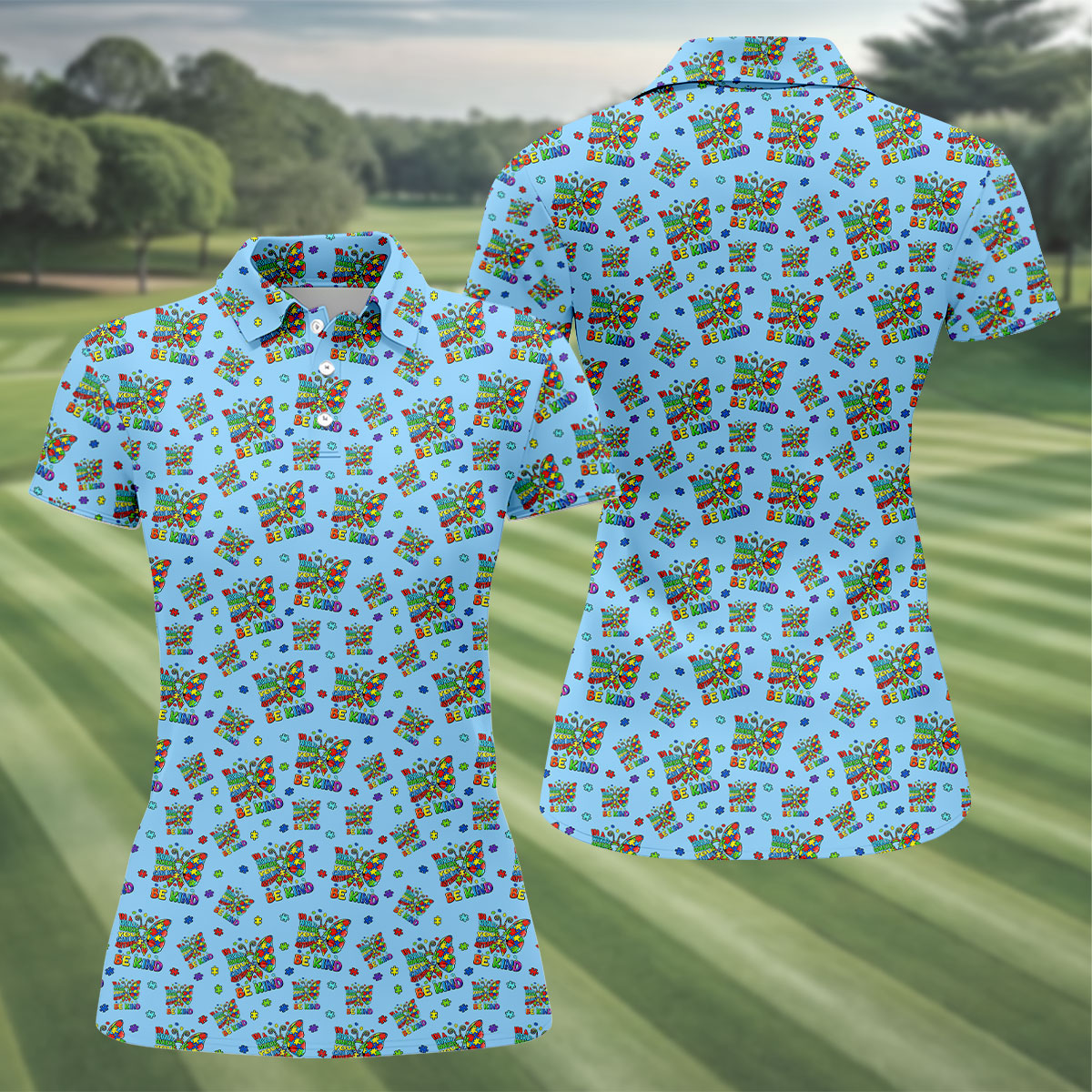 In A World Where You Can Be Anything Be Kind Rainbow Butterfly Autism Awareness Blue Golf Shirt, Women's Golf Tops