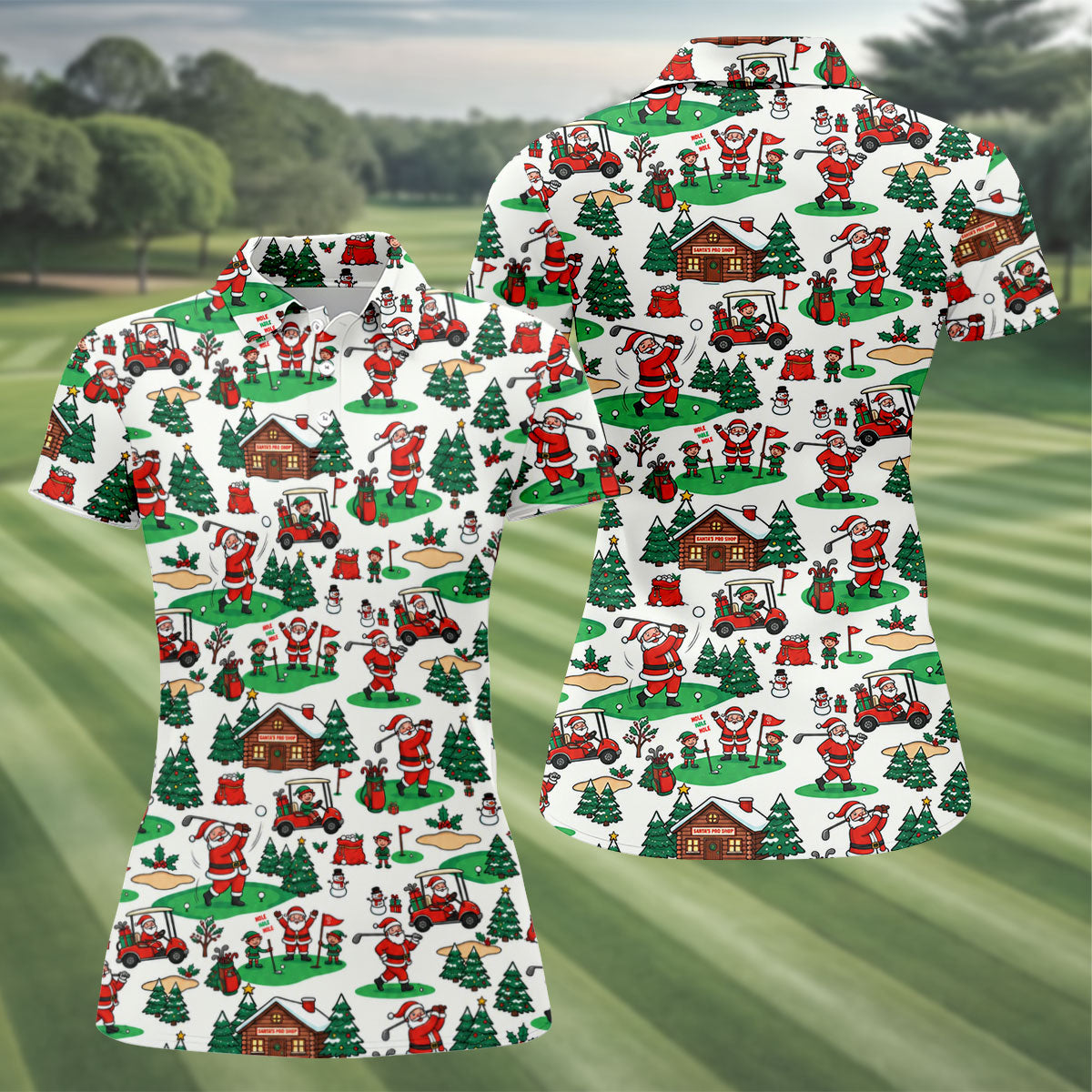 Santa Golf Cart And Elves Christmas Golf Shirt, Womens Golf Tops, Ladies Golf Shirts