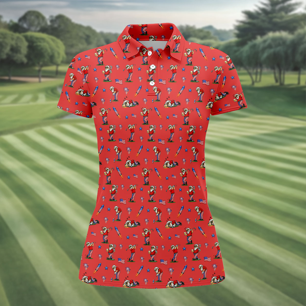 4th Of July Funny Man Golf And Beer Red Golf Shirt, Patriotic Golf Shirt, 250th Anniversary Women's Golf Tops