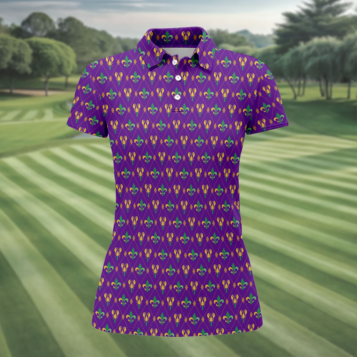 Crawfish Fleur De Lis Argyle Pattern Mardi Gras Golf Shirt, Women's Golf Tops, Ladies Golf Polos