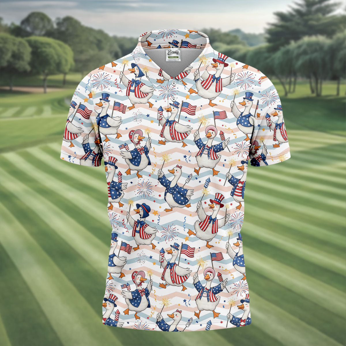 Patriotic Duck American Flag Fireworks Polo Shirt, Mens Golf Polo, Golf Shirts For Men