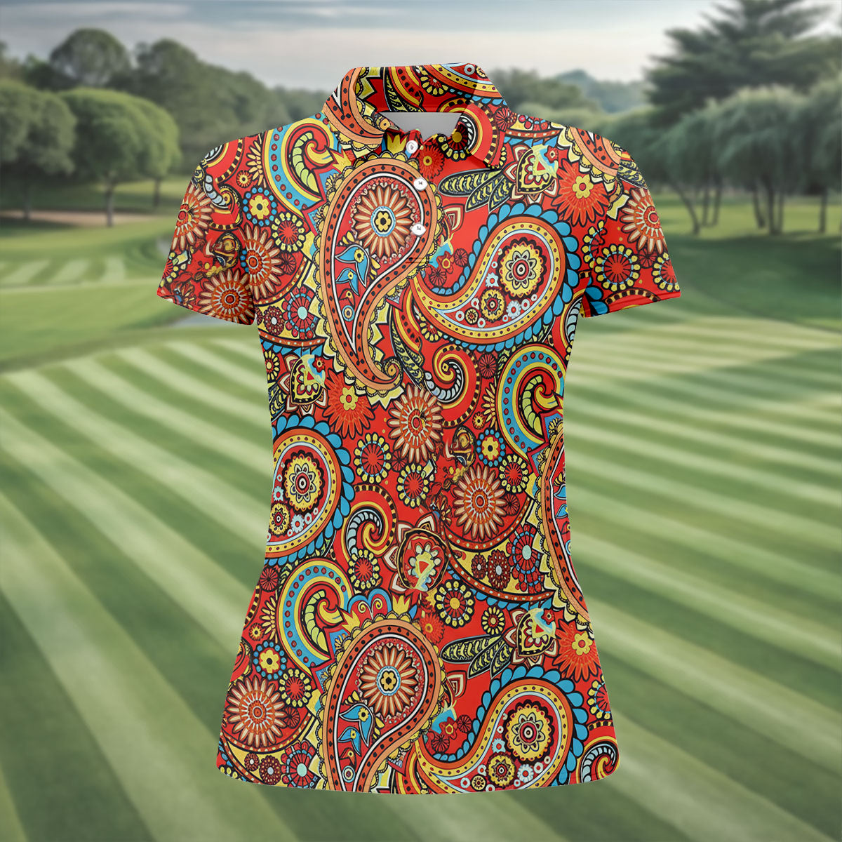 Paisley Design Golf Shirt For Women, Boho Pattern Ladies Golf Shirts, Women's Sleeveless Golf Shirts