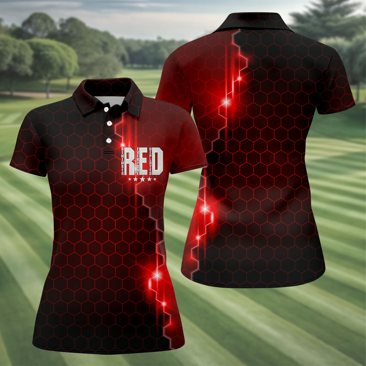 Remember Everyone Deployed Hexagonal Gradient 4th Of July Golf Shirt, 250 Years Women's Golf Tops