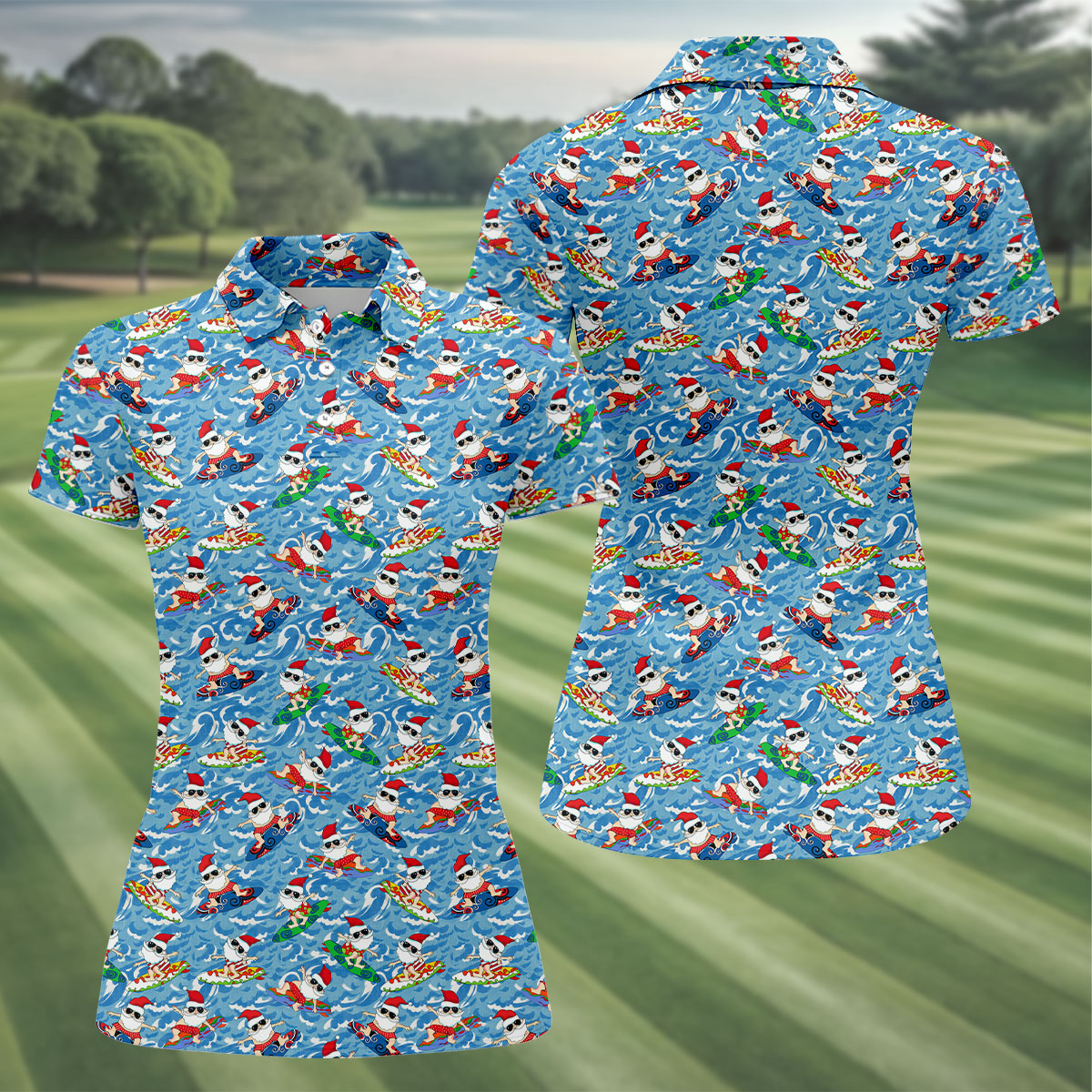 Surfing Santa Christmas Ocean Pattern Polo Shirt, Womens Golf Polo, Christmas Golf Shirt