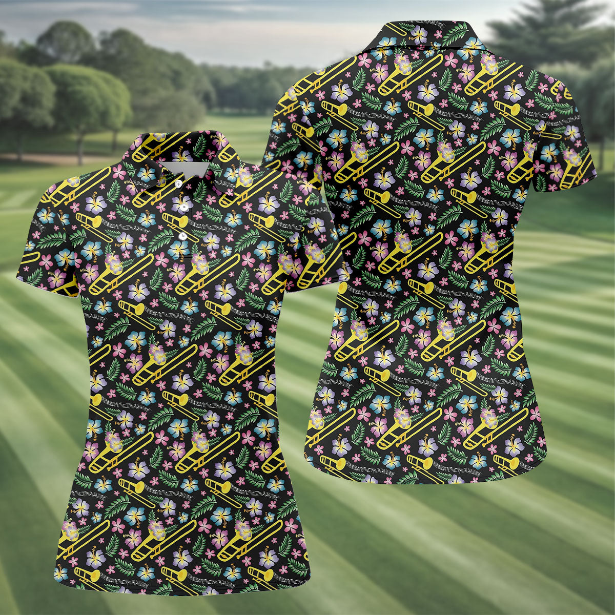 Trombones Floral Tropical Vibe Golf Shirt For Women, Ladies Golf Shirts, Women's Polo Shirt